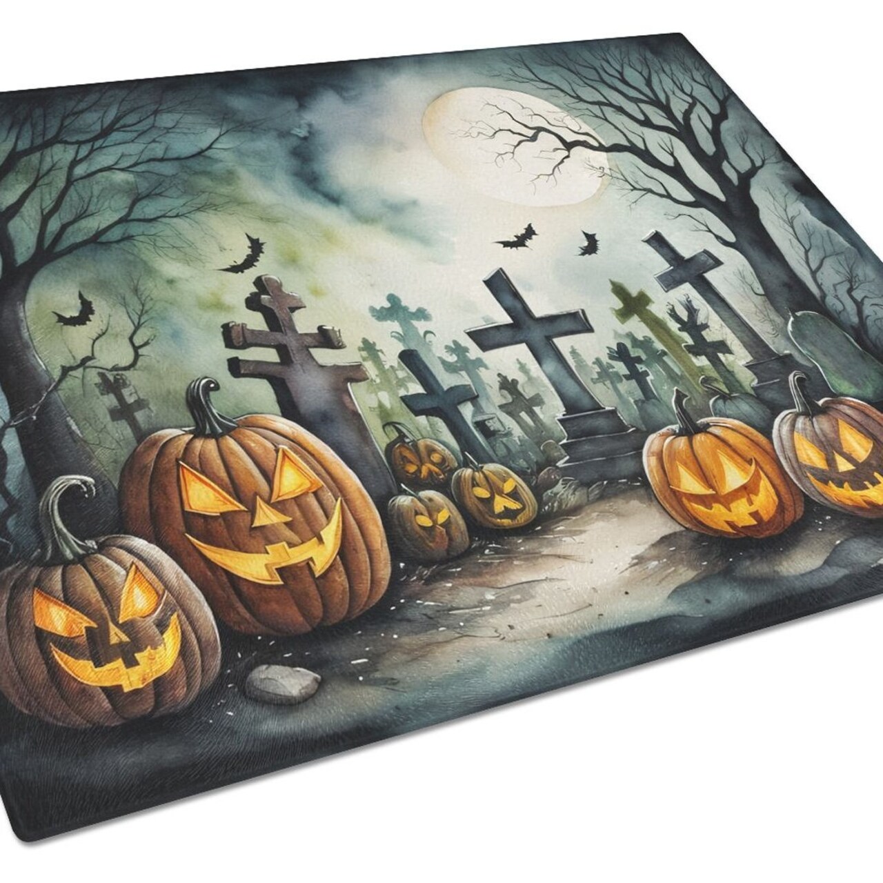 Edge Collections - 15" x 12" - Multicolor - Decorative Glass Cutting Board with Spooky Halloween Design - 1 Piece